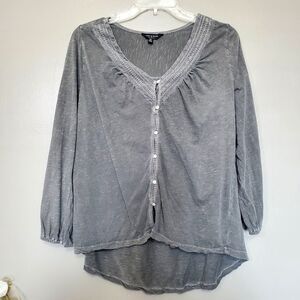 Lucky Brand Top Womens Small Distressed Gray Embroidery Button Front Cotton
